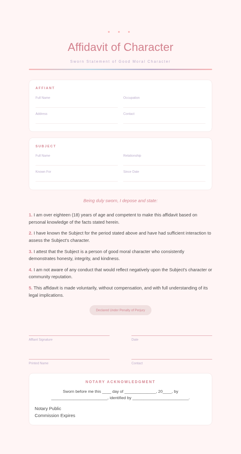 Pastel Soft Affidavit of Character